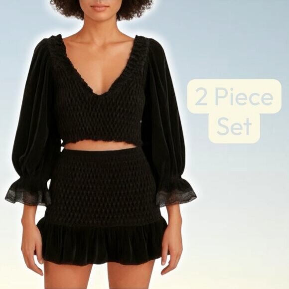 NWT FREE PEOPLE Two Piece Velvet Smocked Skirt And Ruffle Puff Sleeve Top SMALL - Picture 1 of 10
